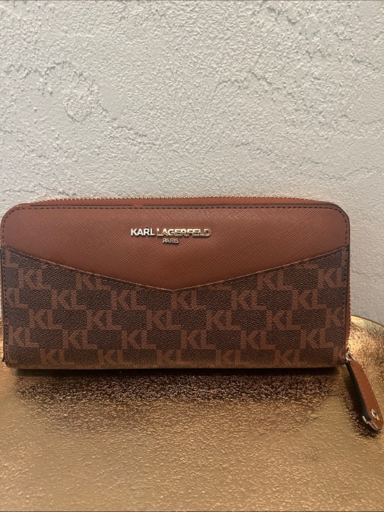 Karl Lagerfeld Handbags - #2045*Karl Lagerfeld Brown Monogram Zip Wallet with Gold Logo